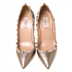 Pre Owned Valentino Metallic Leather Rockstud Pointed Toe Pumps Size 38.5
