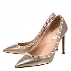 Pre Owned Valentino Metallic Leather Rockstud Pointed Toe Pumps Size 38.5