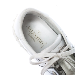 Pre Owned Valentino White And Silver Band Leather Open Low Top Sneakers Size 38.5
