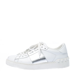 Pre Owned Valentino White And Silver Band Leather Open Low Top Sneakers Size 38.5