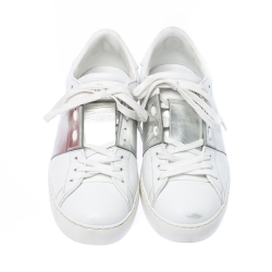 Pre Owned Valentino White And Silver Band Leather Open Low Top Sneakers Size 38.5