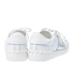 Pre Owned Valentino White And Silver Band Leather Open Low Top Sneakers Size 38.5