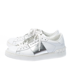 Pre Owned Valentino White And Silver Band Leather Open Low Top Sneakers Size 38.5