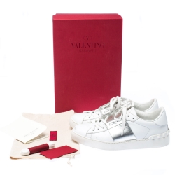 Pre Owned Valentino White And Silver Band Leather Open Low Top Sneakers Size 38.5