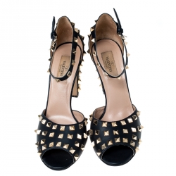 Pre Owned Valentino Blue Leather Rockstud Peep Toe Ankle Strap Sandals Size 40