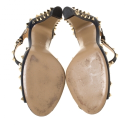 Pre Owned Valentino Blue Leather Rockstud Peep Toe Ankle Strap Sandals Size 40