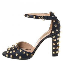 Pre Owned Valentino Blue Leather Rockstud Peep Toe Ankle Strap Sandals Size 40