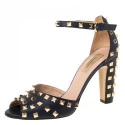 Pre Owned Valentino Blue Leather Rockstud Peep Toe Ankle Strap Sandals Size 40