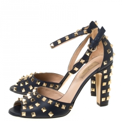 Pre Owned Valentino Blue Leather Rockstud Peep Toe Ankle Strap Sandals Size 40