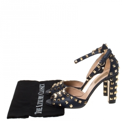 Pre Owned Valentino Blue Leather Rockstud Peep Toe Ankle Strap Sandals Size 40