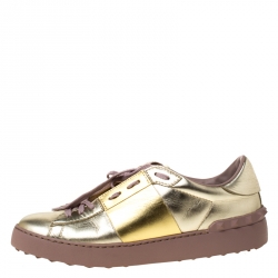 Pre Owned Valentino Metallic Gold Band Leather Open Low Top Sneakers Size 41