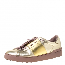 Pre Owned Valentino Metallic Gold Band Leather Open Low Top Sneakers Size 41