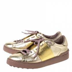 Pre Owned Valentino Metallic Gold Band Leather Open Low Top Sneakers Size 41