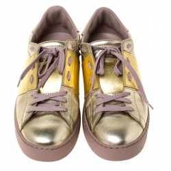 Pre Owned Valentino Metallic Gold Band Leather Open Low Top Sneakers Size 41