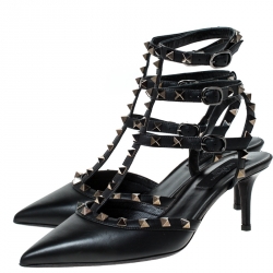 Pre Owned Valentino Black Leather Rockstud Sandals Size 37.5