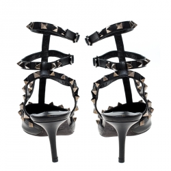 Pre Owned Valentino Black Leather Rockstud Sandals Size 37.5