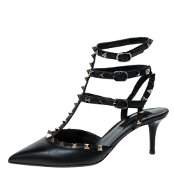 Pre Owned Valentino Black Leather Rockstud Sandals Size 37.5