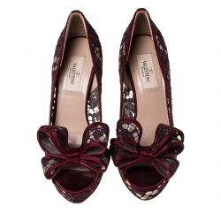 Pre Owned Valentino Red Floral Couture Bow Lace Peep Toe Platform Pumps Size 37