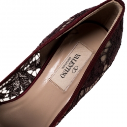 Pre Owned Valentino Red Floral Couture Bow Lace Peep Toe Platform Pumps Size 37