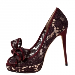 Pre Owned Valentino Red Floral Couture Bow Lace Peep Toe Platform Pumps Size 37