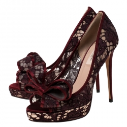 Pre Owned Valentino Red Floral Couture Bow Lace Peep Toe Platform Pumps Size 37