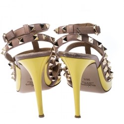 Pre Owned Valentino Yellow and Beige Patent Leather Rockstud Sandals Size 39.5