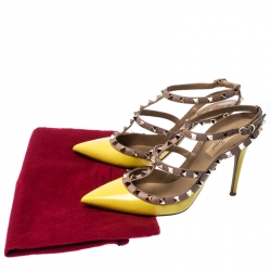 Pre Owned Valentino Yellow and Beige Patent Leather Rockstud Sandals Size 39.5