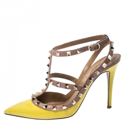 Pre Owned Valentino Yellow and Beige Patent Leather Rockstud Sandals Size 39.5