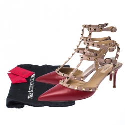 Pre Owned Valentino Red/Beige Leather Studded Strappy Pointed Toe Sandals Size 41