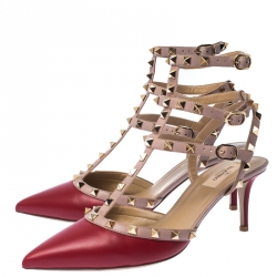 Pre Owned Valentino Red/Beige Leather Studded Strappy Pointed Toe Sandals Size 41