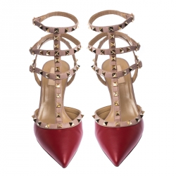 Pre Owned Valentino Red/Beige Leather Studded Strappy Pointed Toe Sandals Size 41