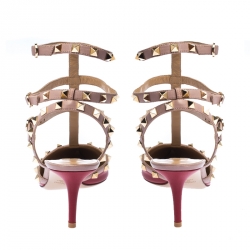 Pre Owned Valentino Red/Beige Leather Studded Strappy Pointed Toe Sandals Size 41