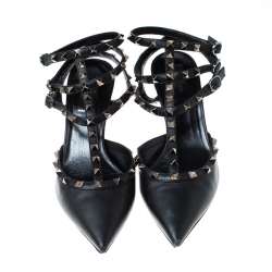 Pre Owned Valentino Black Leather Studded Strappy Pointed Toe Sandals Size 41