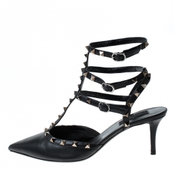 Pre Owned Valentino Black Leather Studded Strappy Pointed Toe Sandals Size 41