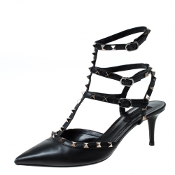 Pre Owned Valentino Black Leather Studded Strappy Pointed Toe Sandals Size 41