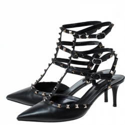 Pre Owned Valentino Black Leather Studded Strappy Pointed Toe Sandals Size 41