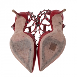 Pre Owned Valentino Red Leather Rockstud Ankle Strap Sandals Size 38