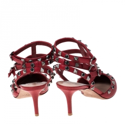 Pre Owned Valentino Red Leather Rockstud Ankle Strap Sandals Size 38