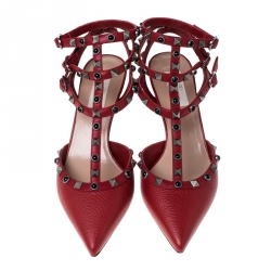 Pre Owned Valentino Red Leather Rockstud Ankle Strap Sandals Size 38