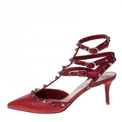 Pre Owned Valentino Red Leather Rockstud Ankle Strap Sandals Size 38