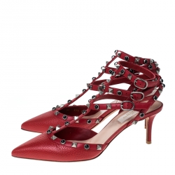 Pre Owned Valentino Red Leather Rockstud Ankle Strap Sandals Size 38