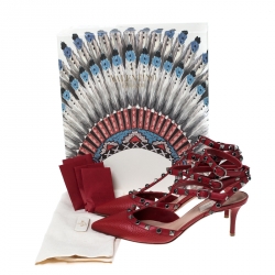 Pre Owned Valentino Red Leather Rockstud Ankle Strap Sandals Size 38