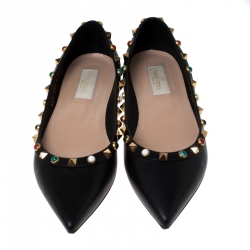 Pre Owned Valentino Black Leather Rockstud Pointed Toe Ballet Flats Size 37.5