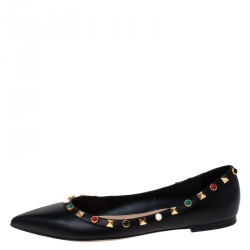 Pre Owned Valentino Black Leather Rockstud Pointed Toe Ballet Flats Size 37.5