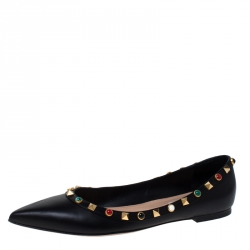 Pre Owned Valentino Black Leather Rockstud Pointed Toe Ballet Flats Size 37.5