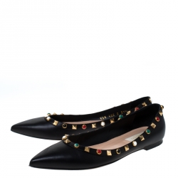 Pre Owned Valentino Black Leather Rockstud Pointed Toe Ballet Flats Size 37.5