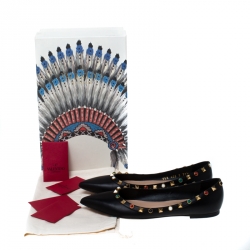 Pre Owned Valentino Black Leather Rockstud Pointed Toe Ballet Flats Size 37.5