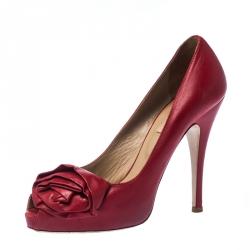 Pre Owned Valentino Red Leather Rose Accented Peep Toe Pumps Size 36