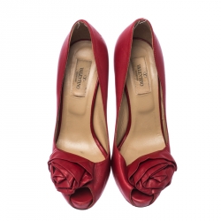 Pre Owned Valentino Red Leather Rose Accented Peep Toe Pumps Size 36