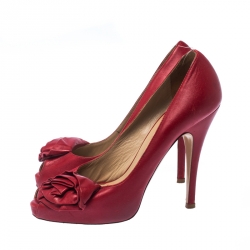 Pre Owned Valentino Red Leather Rose Accented Peep Toe Pumps Size 36